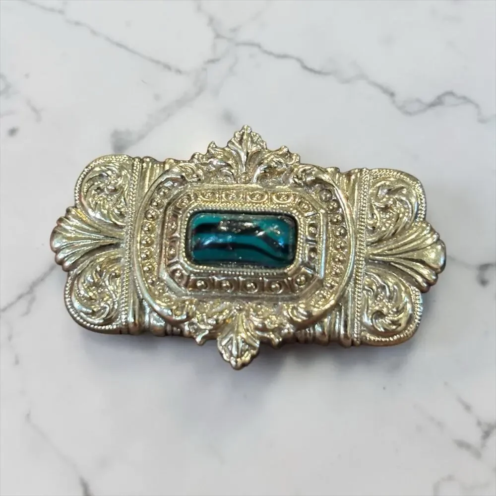 1928 Jewelry Art Deco Revival Brooch Teal Glass Ornate Gold Tone Statement Pin